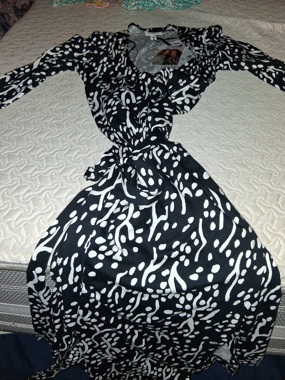 Diane Von Furstenberg Black and White Printed Long Sleeve Wrap Dress
